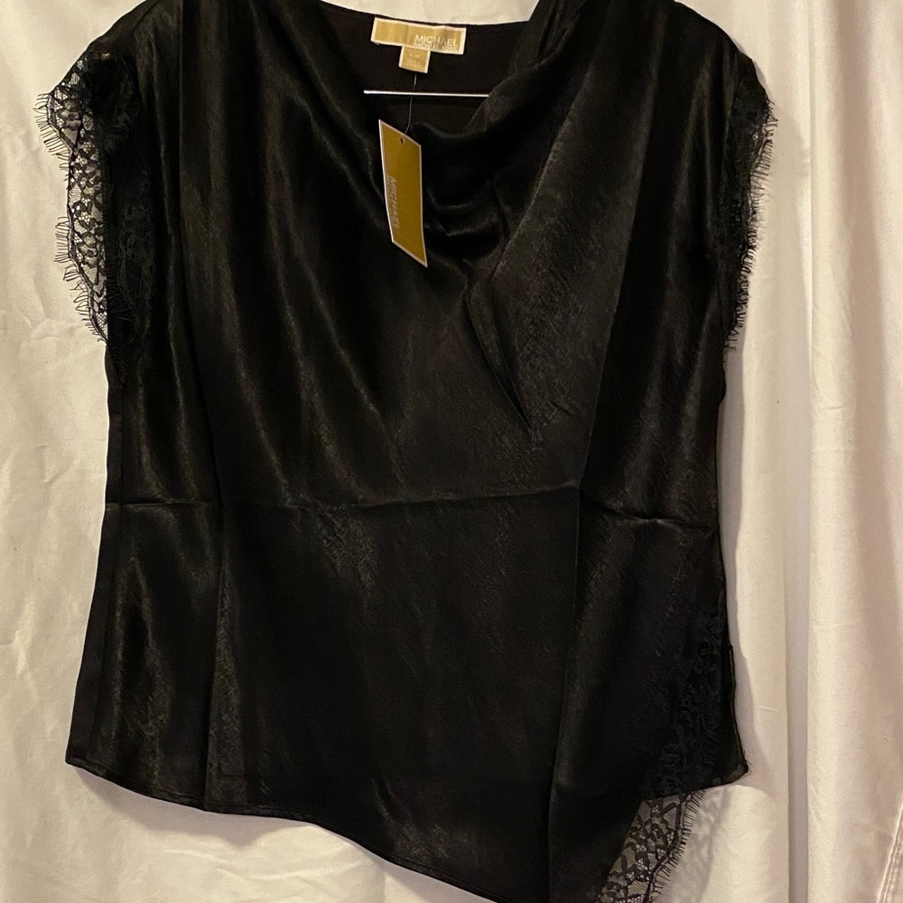 New, Micheal kors,Black Satin Blouse with Lace Accents